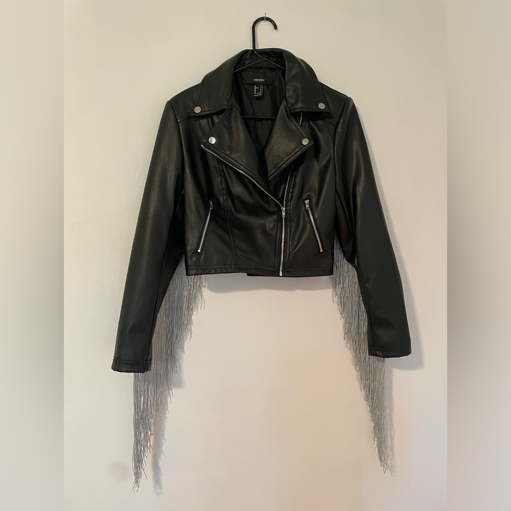 Forever 21 Black Faux Leather Motor Jacket with Fringe